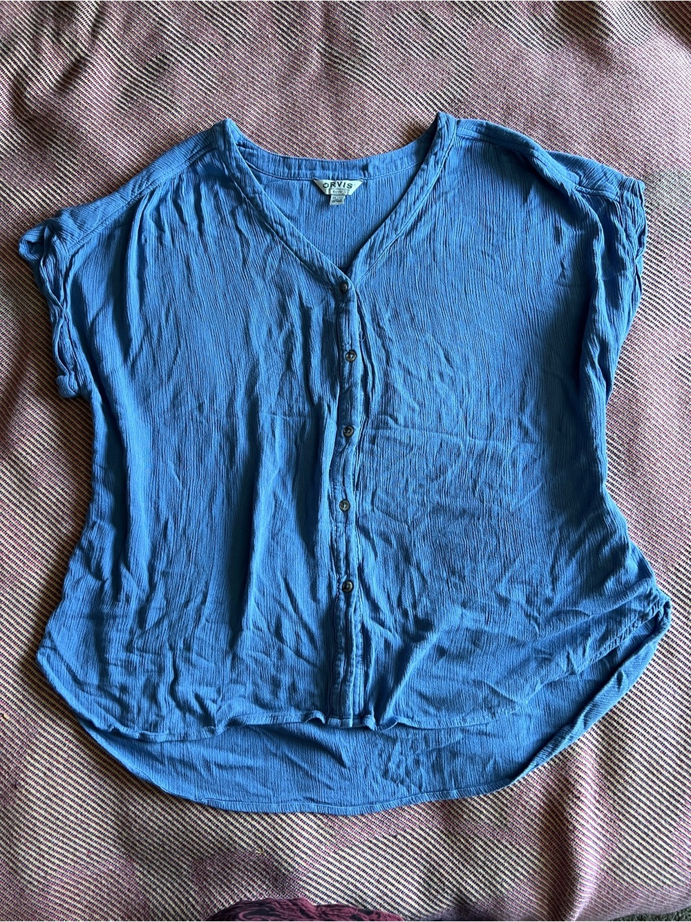 Orvis Lightweight Blue Button-Front V-Neck Blouse